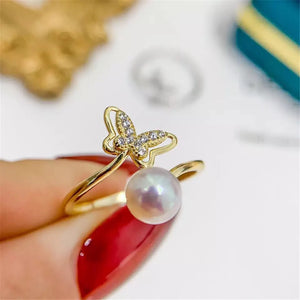 Butterfly 925 Silver Adjustable Ring for Pearls Jade
