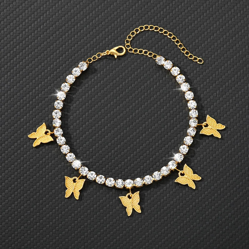 Butterfly Rhinestone Anklet Crystal Ankle Bracelet Boho Beach Jewelry