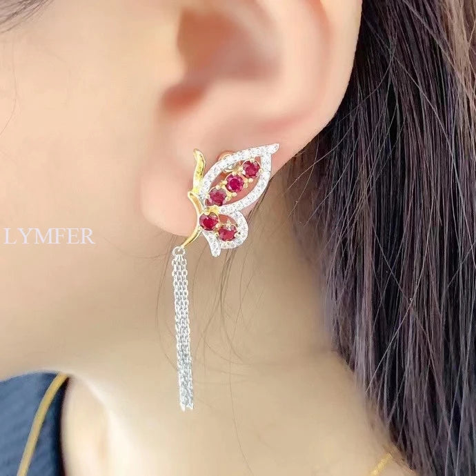 Butterfly Earrings Garnet 925 Sterling Silver Two-Color Hot
