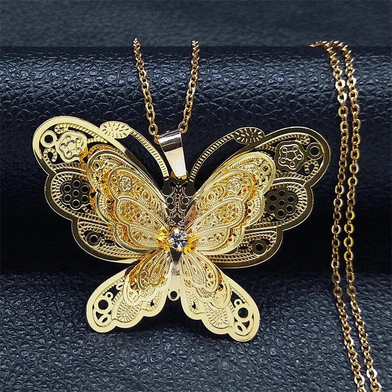 Butterfly Filigree 3D Copper Pendant Necklace Stainless Steel Chain Jewelry