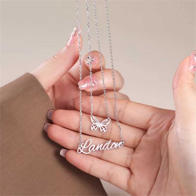Personalized Butterfly Name Necklace Double Chain Stainless Steel