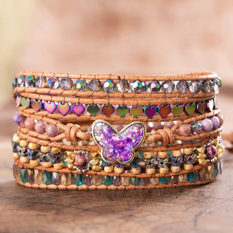 Butterfly Opal Ladies Wrap Bracelets Leather Stones Bangles