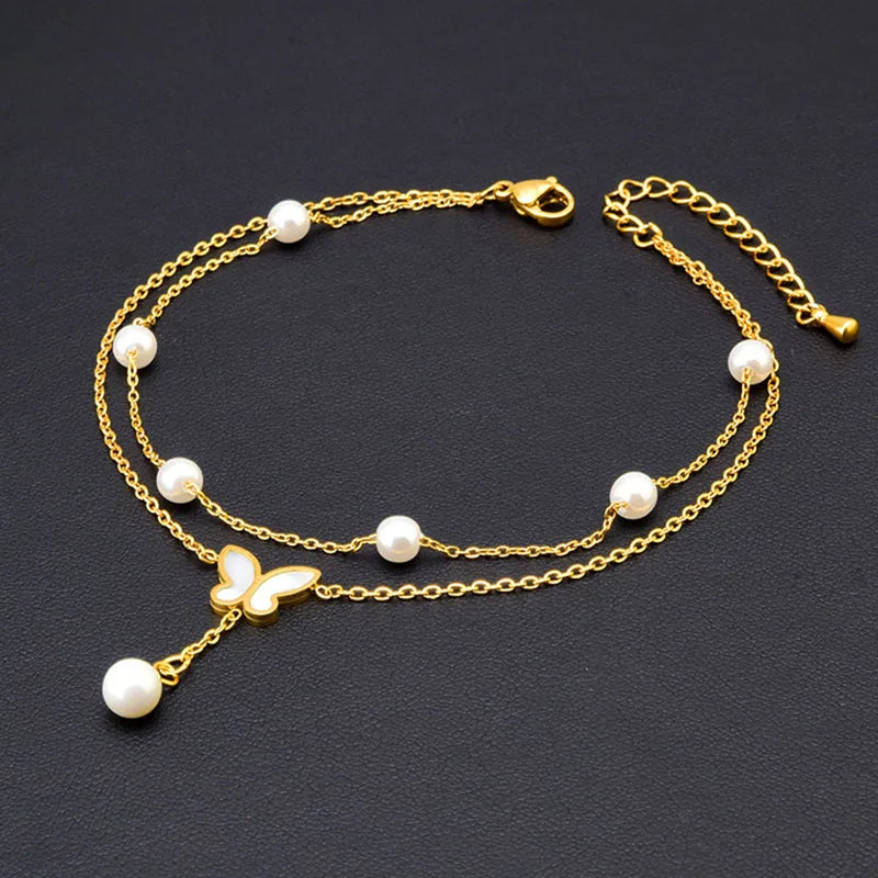 Butterfly Pearl Stainless Steel Anklet Tassel Bridage Party Ornament