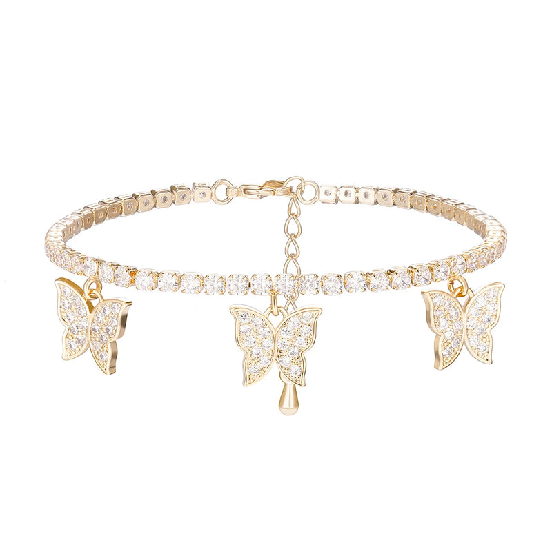 Butterfly Pendant Bracelet Chains, Adjustable Stainless Steel Crystal Bracelet