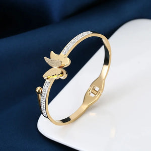 Butterfly Titanium Steel Bracelet 18K Plated with Rhinestone Cuff Bangle