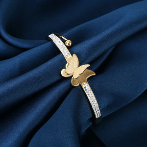 Butterfly Titanium Steel Bracelet 18K Plated with Rhinestone Cuff Bangle