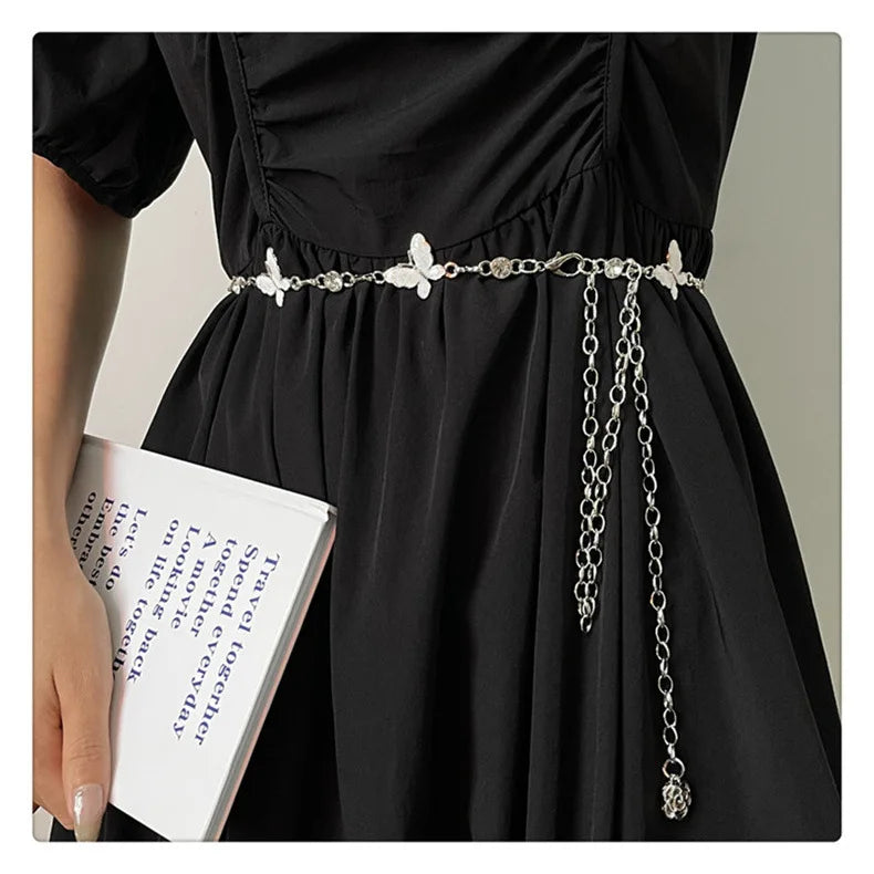 Butterfly Women's Waist Chain Belts Silver for Dress Fringes Decoration