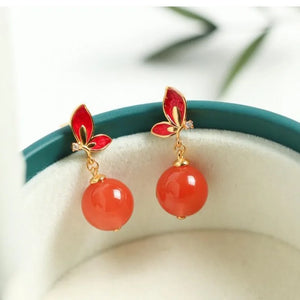 Chalcedony Red Bead Butterfly Earrings Vintage Silver Jewelry