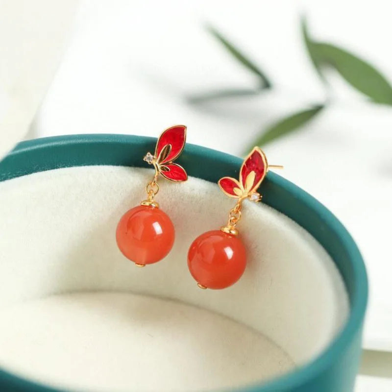 Chalcedony Red Bead Butterfly Earrings Vintage Silver Jewelry