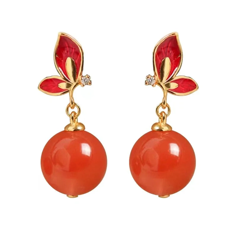 Chalcedony Red Bead Butterfly Earrings Vintage Silver Jewelry