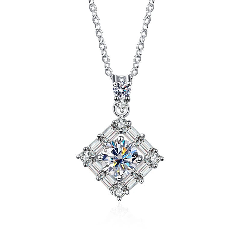 1 Carat D Diamond Square Necklace 925 Silver Chain Fine Jewelry
