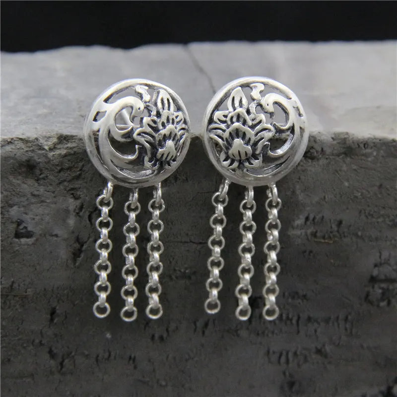 925 Sterling Silver Phoenix Tassel Earrings Allergy-Free Thai Silver Jewelry