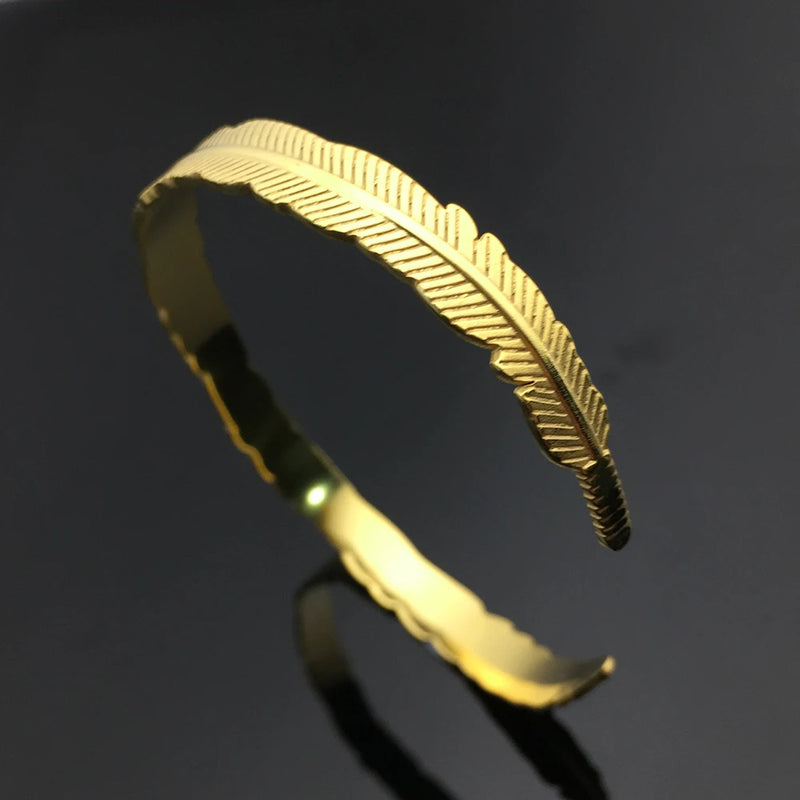 Tibetan Silver Feather Bangle Bracelet Stainless Steel Cuff Bangles YP8958