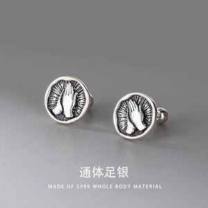 ZFSILVER 999 Buddha Hands Stud Earrings, Sterling Silver