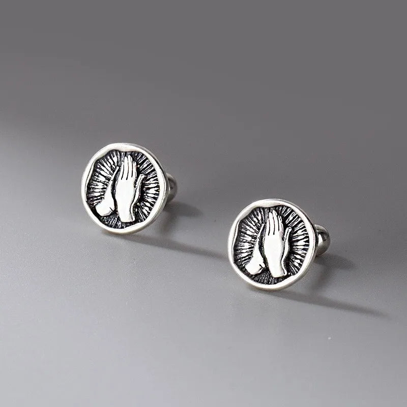 ZFSILVER 999 Buddha Hands Stud Earrings, Sterling Silver