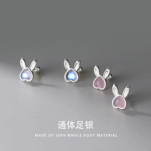 ZFSILVER S999 Silver Moon Stone Rabbit Earrings