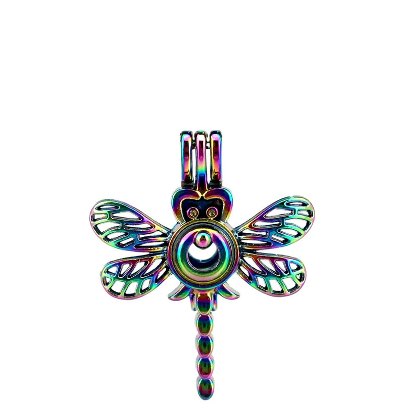 5pcs Rainbow Copper Dragonfly Bead Pearl Cage Locket Pendant