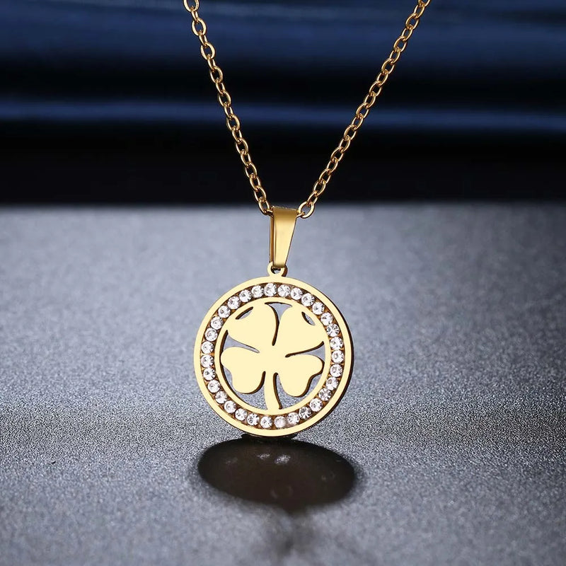 316L Stainless Steel Clover Crystal Rhinestone Necklace for Women Wedding