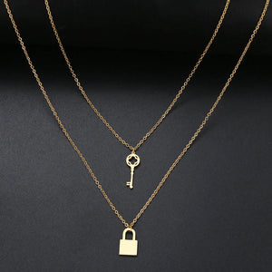 Punk Padlock Necklace Key Lock Chain Stainless Steel Jewelry