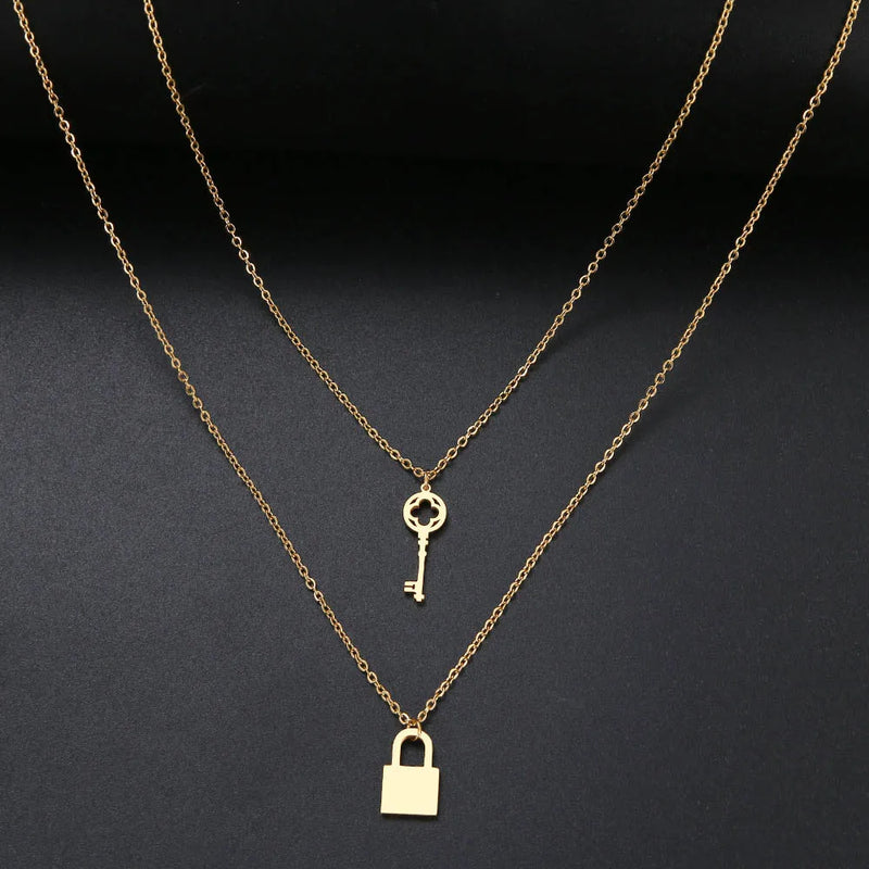 Punk Padlock Necklace Key Lock Chain Stainless Steel Jewelry