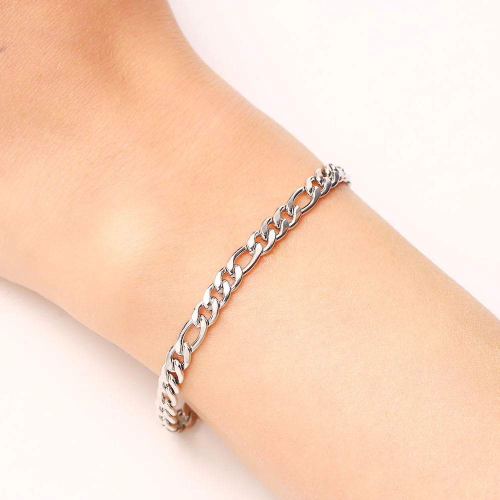 Silver Stainless Steel Chain Bracelet for Men Women Pendant Flat