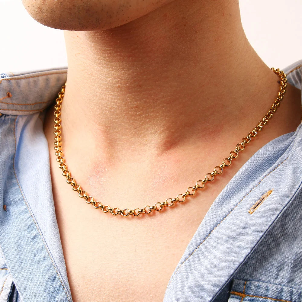 Stainless Steel Round Buckle Chain Necklace for Man Women Silver