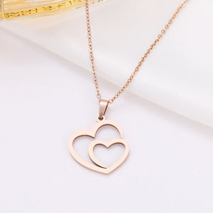 Stainless Steel Double Heart Rose Choker Pendant Necklace