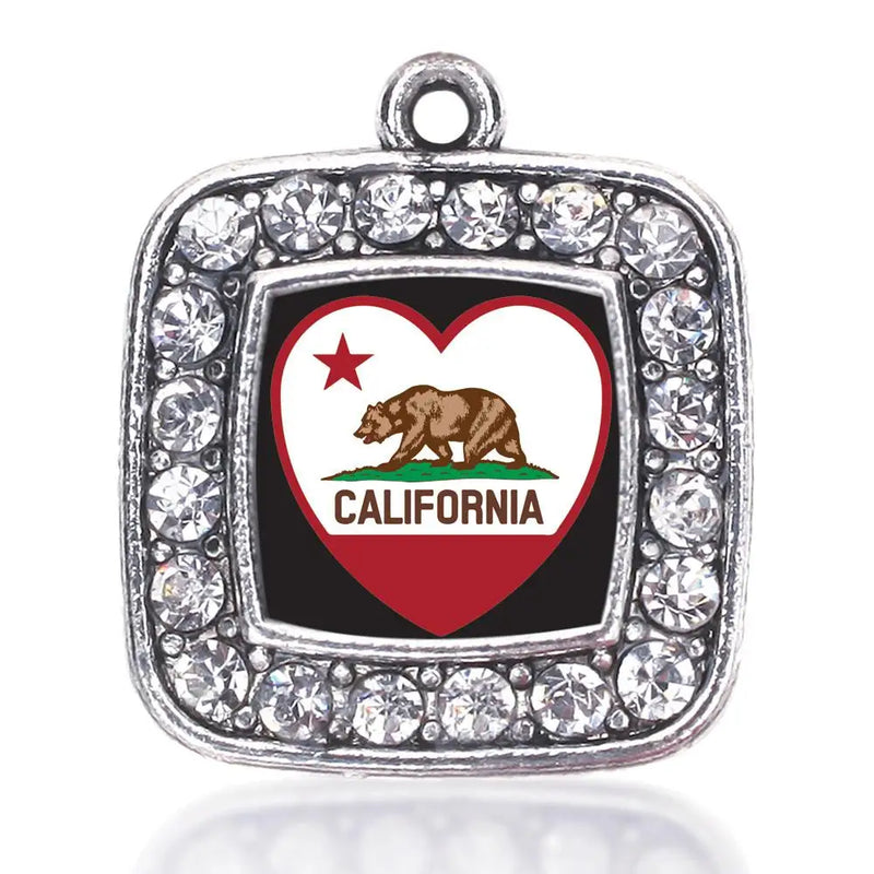 California Heart Flag Square Charm Antique Silver Plated Crystal Jewelry
