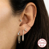 925 Silver Double Chain Zircon Stud Earring Drop CZ Wedding Party Jewelry