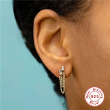925 Silver Double Chain Zircon Stud Earring Drop CZ Wedding Party Jewelry