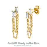 925 Silver Double Chain Zircon Stud Earring Drop CZ Wedding Party Jewelry