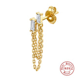 925 Silver Double Chain Zircon Stud Earring Drop CZ Wedding Party Jewelry