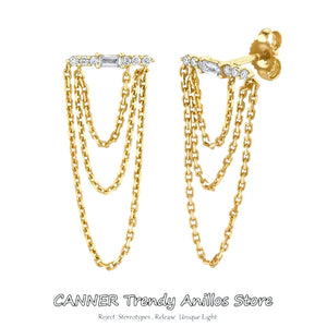 925 Silver Three Ovals Chain Ear Pin Dangle Studs Women Earring