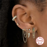 925 Silver Three Ovals Chain Ear Pin Dangle Studs Women Earring