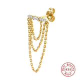 925 Silver Three Ovals Chain Ear Pin Dangle Studs Women Earring
