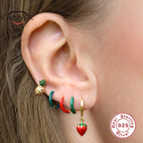 925 Silver Enamel Hoop Earrings Fruit Charms Cherry Strawberry Watermelon