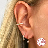 925 Sterling Silver Hoop Earrings Moon Star Piercing Jewelry