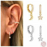 925 Sterling Silver Hoop Earrings Moon Star Piercing Jewelry