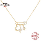 925 Silver Moon Star Safety Pin Zircon Necklace Women Gift