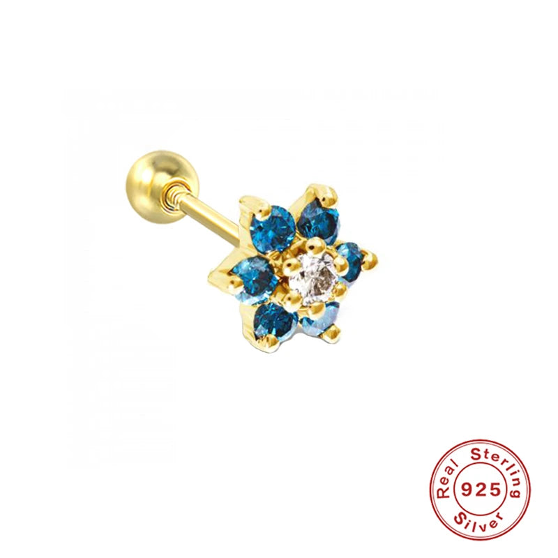Colorful Zircon 925 Silver Stud Earrings Spiral Cartilage Piercing Ear Studs