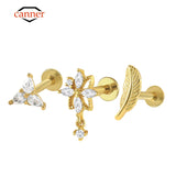 925 Silver Small Ear Piercing Cartilage Studs Pearl Leaf Earrings for Women