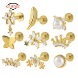 925 Silver Small Ear Piercing Cartilage Studs Pearl Leaf Earrings for Women