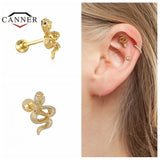 925 Silver Snake Zircon Stud Earrings Mini Piercing Earring