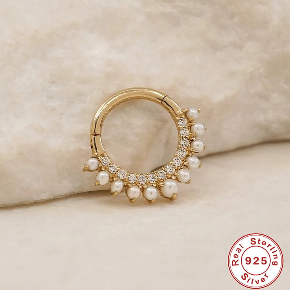 925 Silver Vintage Circle Hoop Earring Golden Pearl Hoops Jewelry