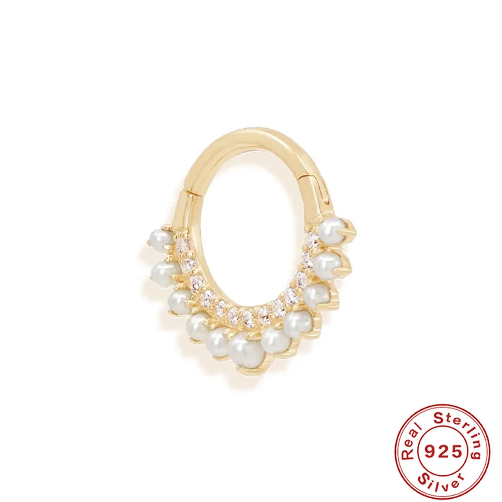 925 Silver Vintage Circle Hoop Earring Golden Pearl Hoops Jewelry