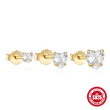 3Pcs/Set Zircon Heart-Shaped Stud Earrings S925 Sterling Silver Women's Jewelry