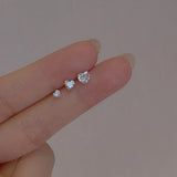 3Pcs/Set Zircon Heart-Shaped Stud Earrings S925 Sterling Silver Women's Jewelry