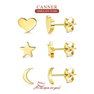 3Pcs 925 Sterling Silver Heart Stud Earrings Golden Jewelry Mom Gift