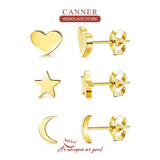 3Pcs 925 Sterling Silver Heart Stud Earrings Golden Jewelry Mom Gift