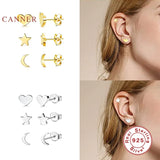 3Pcs 925 Sterling Silver Heart Stud Earrings Golden Jewelry Mom Gift
